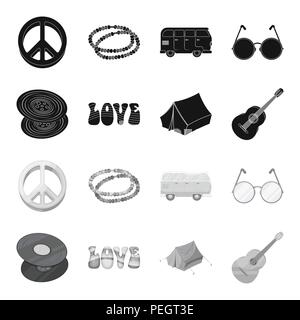 Schallplatten, Gitarre, Zelt. Hippie set Sammlung Icons in Schwarz, Schwarz-Weiß Stil vektor Symbol lieferbar Abbildung. Stock Vektor