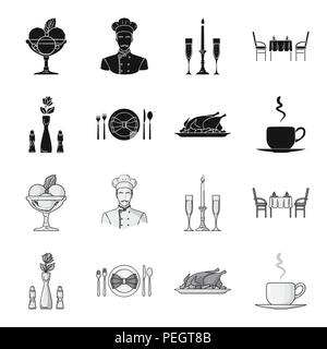 Vase mit Blumen, Tisch, gebratenes Huhn mit Garnierung, eine Tasse Kaffee. Restaurant Sammlung Icons in Schwarz, Schwarz-Weiß Stil vektor Symbol gesetzt Stock Vektor