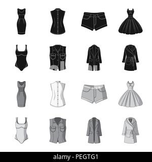 Frauen Kleidung schwarz, monochrome Icons im Set Sammlung für Design. Kleidung Sorten und Zubehör vektor Symbol lieferbar Abbildung. Stock Vektor