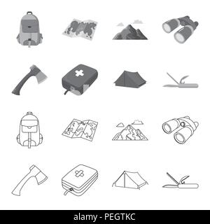 Ax, Erste Hilfe Kit, touristische Hütte, Taschenmesser. Camping set Sammlung Symbole in der Gliederungsansicht, Schwarzweiß-Stil vektor Symbol lieferbar Abbildung. Stock Vektor