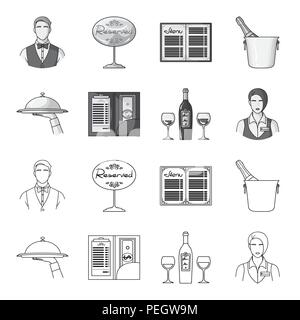 Ein Fach mit einem Tuch, Scheck und Bargeld, eine Flasche Wein und Gläser, eine Kellnerin mit ein Abzeichen. Restaurant Sammlung Symbole in der Gliederungsansicht, monochrome Styl Stock Vektor