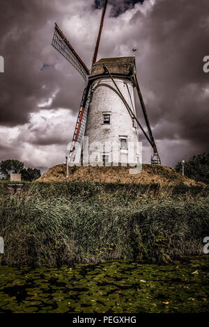 Porträt Blick auf eine alte Windmühle in der Nähe der kleinen Stadt Damme im Norden Belgiens, mit einem bewölkten Himmel im Hintergrund und einem Fluss im Vordergrund. Stockfoto