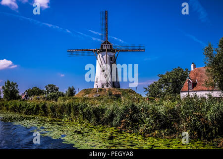 Landschaft Blick auf die Mühle von Hoeke, in der Stadt Damme in der Nähe von Brügge im Norden Belgiens, mit bewölktem Himmel im Hintergrund Stockfoto