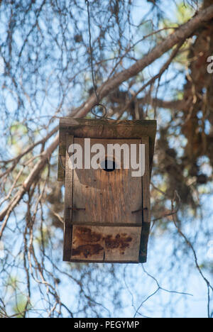 Holz- Vogelnest auf einem Baum gehängt Stockfoto