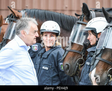 Willich, Deutschland. 15 Aug, 2018. Herbert Reul (CDU), Innenminister des Landes Nordrhein-Westfalen, spricht mit einem Fahrer bei einem Besuch der NRW-Equestrian Relais. Der Minister über die Arbeit, den Betrieb und die Ausbildung der Polizei Reiter informiert. Credit: Christophe Kirschtorte/dpa/Alamy leben Nachrichten Stockfoto