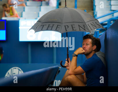 Cincinnati, Ohio, USA. 15 Aug, 2018. Wim Fissette während einer Regenunterbrechung am Westlichen und Südlichen öffnen 2018 WTA Premier 5 Tennis Turnier. Cincinnati, Ohio, USA. Am 15. August 2018. Quelle: AFP 7/ZUMA Draht/Alamy leben Nachrichten Stockfoto