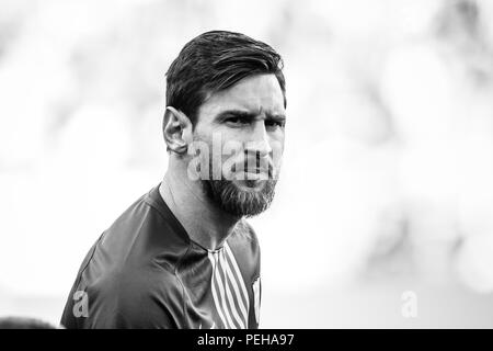 Leo Messi aus Argentinien während der Joan Gamper Trophäe Spiel zwischen dem FC Barcelona und CA Boca Juniors im Camp Nou Stadion in Barcelona, am 15. August 2018, Spanien. 15 Aug, 2018. Quelle: AFP 7/ZUMA Draht/Alamy leben Nachrichten Stockfoto