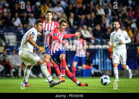 Tallinn, Estland. 15 Aug, 2018. Antoine Griezmann von Atletico Madrid in Aktion bei der UEFA Super Cup 2018 in Tallinn Der UEFA Super Cup 2018 wurde zwischen Real Madrid und Atletico Madrid gespielt. Atletico Madrid gewann das Match mit 4:2 in der Verlängerung nach und nahm die Trophäe nach Zeichnung bei 2-2 während der ersten 90 Minuten des Spiels. Credit: Hendrik Osula/SOPA Images/ZUMA Draht/Alamy leben Nachrichten Stockfoto