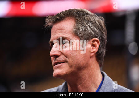 Boston, Massachussetts, USA. 15 Aug, 2018. TOM FORSTER spricht mit den Medien während der podium Training Tag der Konkurrenz an TD Garden in Boston, Massachusetts. Credit: Amy Sanderson/ZUMA Draht/Alamy leben Nachrichten Stockfoto