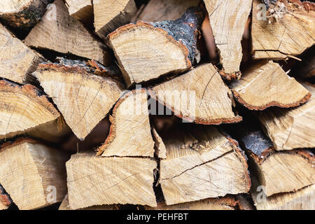 Brennholz Wand stapeln. Stapel Holz für den Winter und kalte Wetter vorbereitet. Eiche Holz gehackt. Holz- hintergrund Textur Stockfoto