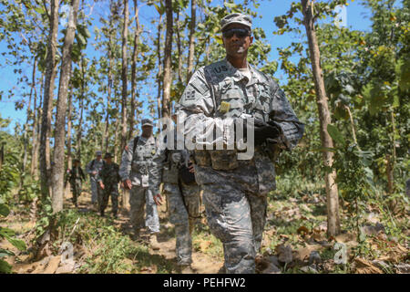 Brig. Gen. Gary Brito, stellvertretender kommandierender General der Operationen, Spaziergänge durch die Bürste zwischen Ereignissen während des Garuda Schild, Pacific Pathways 2015 Cibenda, West Java, Indonesien, Nov. 21, 2015. Garuda Shield ist eine regelmäßig geplante bilaterale Übung gesponsert von US-Army-Pacific, gehostet, die jährlich durch die Tentara Nasional Indonesia Armee der regionalen Sicherheit und Zusammenarbeit zu fördern. (U.S. Armee Foto von SPC. Michael Sharp / freigegeben) Stockfoto