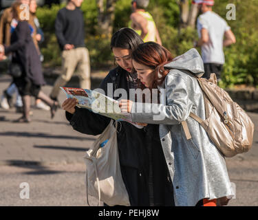 Touristen, die auf der Suche auf Karte, Reykjavik, Island Stockfoto