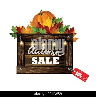 Herbst Sale. Herbst Blätter sind mit Kreide auf einer schwarzen Tafel gezeichnet. Skizze, Designelemente. Vektor. Stock Vektor