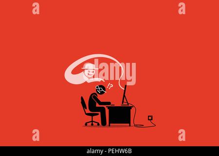 Artwork Illustration zeigt Elektronische scam, con Artist, Internetkriminalität, Hack, Hacker, Phishing site. Stock Vektor