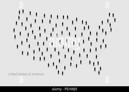 Vektorkarte zeigt Menschen, die eine Verbindung über einen großen Internet web Line und Punkte bilden die Form der Vereinigten Staaten von Amerika. Stock Vektor