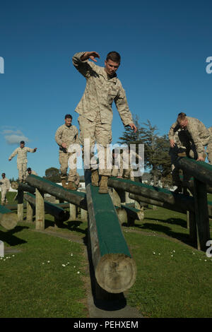 Us Marine Cpl. Benjamin Speck, von Lubbock, Texas, Salden über Protokolle während der Navigation im Hindernislauf in Camp Linton, Neuseeland, während der übung Joint Assault Signale Firma Schwarz, August 17, 2015. Neuseeland Soldaten vertraut gemacht, die Marines mit ihren Parcours für körperliches Training. Die Kiwi Soldaten werden mit Batterie 161, 16 Feld Regiment. Speck ist ein Feuer Mann mit 5 Air Naval Geschützfeuer Liaison Firma, III Marine Expeditionary Force Headquarters Group, III MEF. (U.S. Marine Corps Foto von Cpl. Isaac Ibarra/Freigegeben) Stockfoto