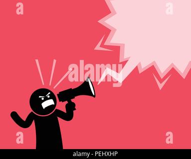 Er erklärt und die Ankündigung etwas Wichtiges. Er ist voller Geist, Emotion und ballte seine Faust während Schreien mit dem Lautsprecher. Stock Vektor