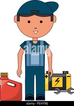 Cartoon Mechaniker mit Auto Batterie und Gallone auf weißem Hintergrund, Vector Illustration Stock Vektor