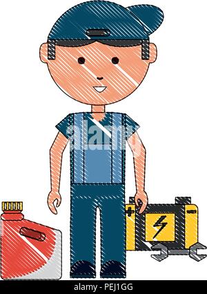 Cartoon Mechaniker mit Auto Batterie und Gallone auf weißem Hintergrund, Vector Illustration Stock Vektor