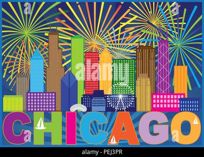 Chicago Skyline Panorama Farbe Umrisse Silhouette Feuerwerk mit Text Hintergrund Abbildung Stock Vektor