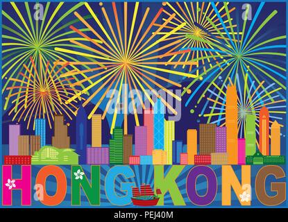 Hong Kong Skyline Feuerwerk Farbe Abstrakt Hintergrund Abbildung Stock Vektor