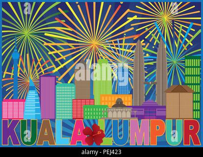 Malaysia Kuala Lumpur Skyline Farbe Text State Flower Hisbicus Feuerwerk Hintergrundbild Stock Vektor