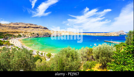 Lindos Bay, Panoramaaussicht, Insel Rhodos, Griechenland. Stockfoto