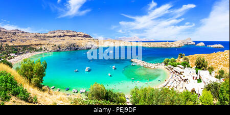 Lindos Bay, Panoramaaussicht, Insel Rhodos, Griechenland. Stockfoto