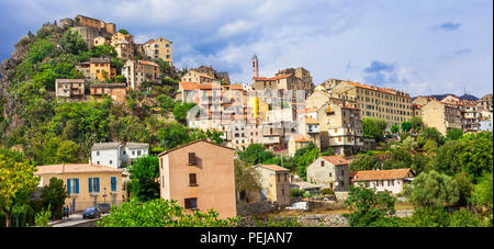 Beeindruckende Corte Dorf, Panoramaaussicht, Korsika, Frankreich. Stockfoto