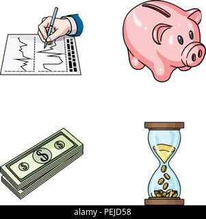 Bank, Business Plan, Bündel von Notizen, Zeit, Geld. Geld und Finanzen set Sammlung Icons im Comic-stil Vektor Symbol lieferbar Abbildung: Web. Stock Vektor