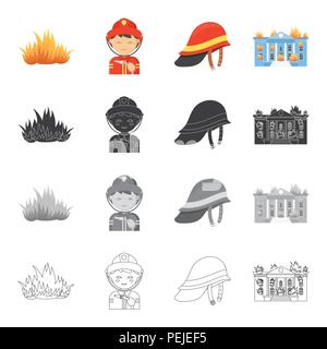 Feuer, Feuerwehrleute in Uniform, Schutzhelm, brennende Gebäude. Feuerwehr set Sammlung Icons in Cartoon schwarz monochrome Outline style Vektor s Stock Vektor