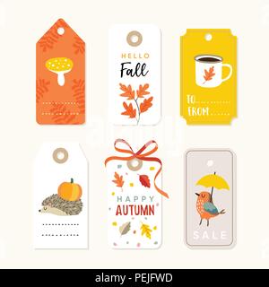 Retro Satz von niedlichen Herbst, Herbst Geschenk Tags und Etiketten mit Igel, Vogel, Eichenlaub und Kaffee. Isolierte Vektor-illustration Objekte. Thanksgiving Design. Stock Vektor