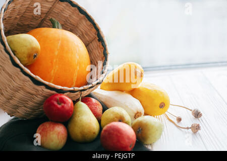 Happy Thanksgiving. Kürbis und Zucchini in stilvollem Stroh Korb mit Äpfel und Birnen auf weißem Holz- Hintergrund in Licht, Raum für Text. Herbst Harve Stockfoto