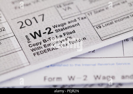 2017 W-2, Bundes Lohn und Steuern, Statement - USA Stockfoto