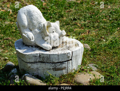 Eine Statue von einem Schwein aus Stein steht auf einem Baumstumpf Holz weiß lackiert und umgeben mit Steine in einem Kreis vor dem hintergrund der grünen Gras. Stockfoto