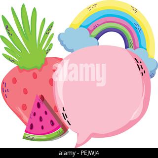 Erdbeere und Wassermelone mit Sprechblase und Rainbow Stock Vektor