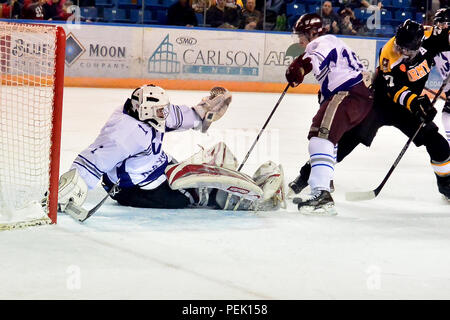 Armee 1. Lt. Benjamin Cohan versucht den Puck zu schleichen Vergangenheit Air Force goalie Senior Airman Stanislov Barilov in der 21. jährlichen Armee vs Air Force hockey Spiel Samstag, 31.12.5, an der Carlson Center in Fairbanks, Alaska. Air Force statt auf das Spiel 4-2 zu gewinnen. (U.S. Armee Foto/John pennell) Stockfoto