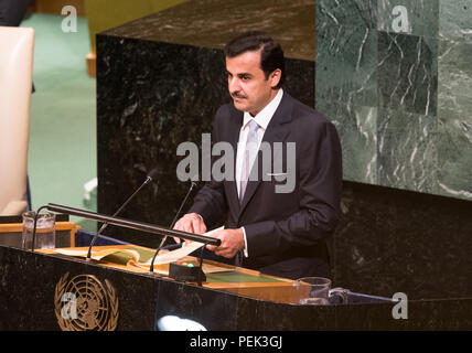 Katar Emir Scheich Tamim Bin Hamad al-Thani Adressierung der Allgemeinen Versammlung bei den Vereinten Nationen in New York City, NY Am 19. September 2017. Stockfoto