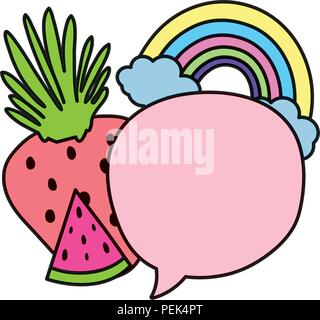 Farbe Erdbeere und Wassermelone mit Sprechblase und Rainbow Stock Vektor