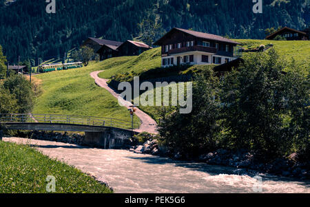 Malerische alpine Szene mit einem Fluss, einige typische Chalets aus Holz und einem grünen retro Touristenzug, den Berg hinunter. Grindelwald, Berner Ober Stockfoto