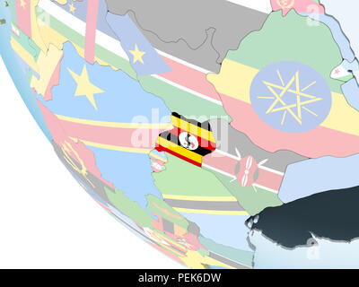 Uganda auf hellen politischen Welt mit eingebetteten Flagge. 3D-Darstellung. Stockfoto