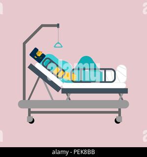 Patienten im Krankenhausbett isoliert. Mann zerbrach seinen Beinen krank. Gips am Bein. Vector Illustration Stock Vektor