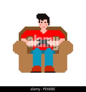 Gamer auf Stuhl pixel Art Kerl und video Spiel 8 Bit. Junge und Joystick. Cibersport Vector Illustration Stock Vektor