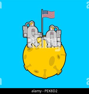 Astronauten auf dem Mond und Flagge USA. Kosmonaut Hergestellt in Amerika. spaceman Vector Illustration Stock Vektor