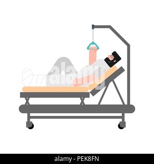 Patienten im Krankenhausbett isoliert. Mann zerbrach seinen Beinen krank. Gips am Bein. Vector Illustration Stock Vektor