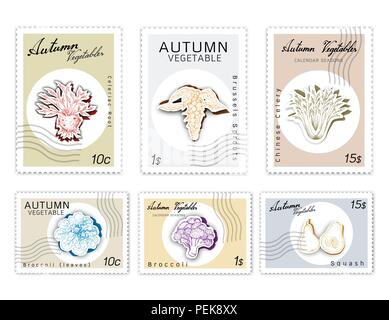 Herbst Gemüse, Post Briefmarken Satz von Hand gezeichnete Skizze Brüssel, Rosenkohl Brokkoli, Brokkoli, Kürbis, Sellerie und Knollensellerie Root in trendigen Ori Stock Vektor