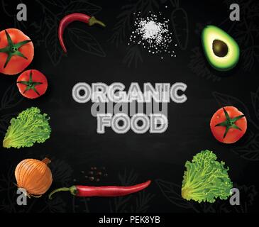Realistische vektor Gemüse mit Konzept Logo für ökologische Shop auf schwarzem Hintergrund Stock Vektor
