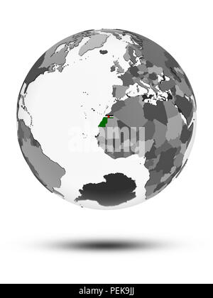 Western Sahara mit Flagge auf Globus mit Schatten auf weißem Hintergrund. 3D-Darstellung. Stockfoto