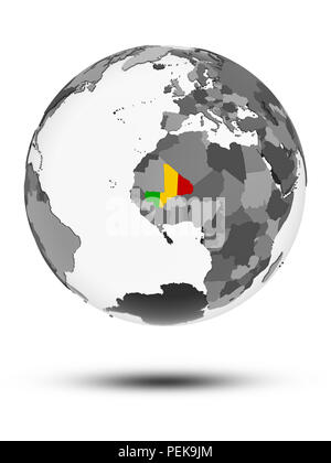 Mali mit Flagge auf Globus mit Schatten auf weißem Hintergrund. 3D-Darstellung. Stockfoto