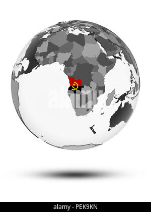 Angola mit Flagge auf Globus mit Schatten auf weißem Hintergrund. 3D-Darstellung. Stockfoto